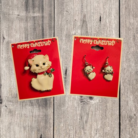 NWT Christmas Santa Kitty Cat Brooch Pin and Earrings Set - Picture 5 of 5